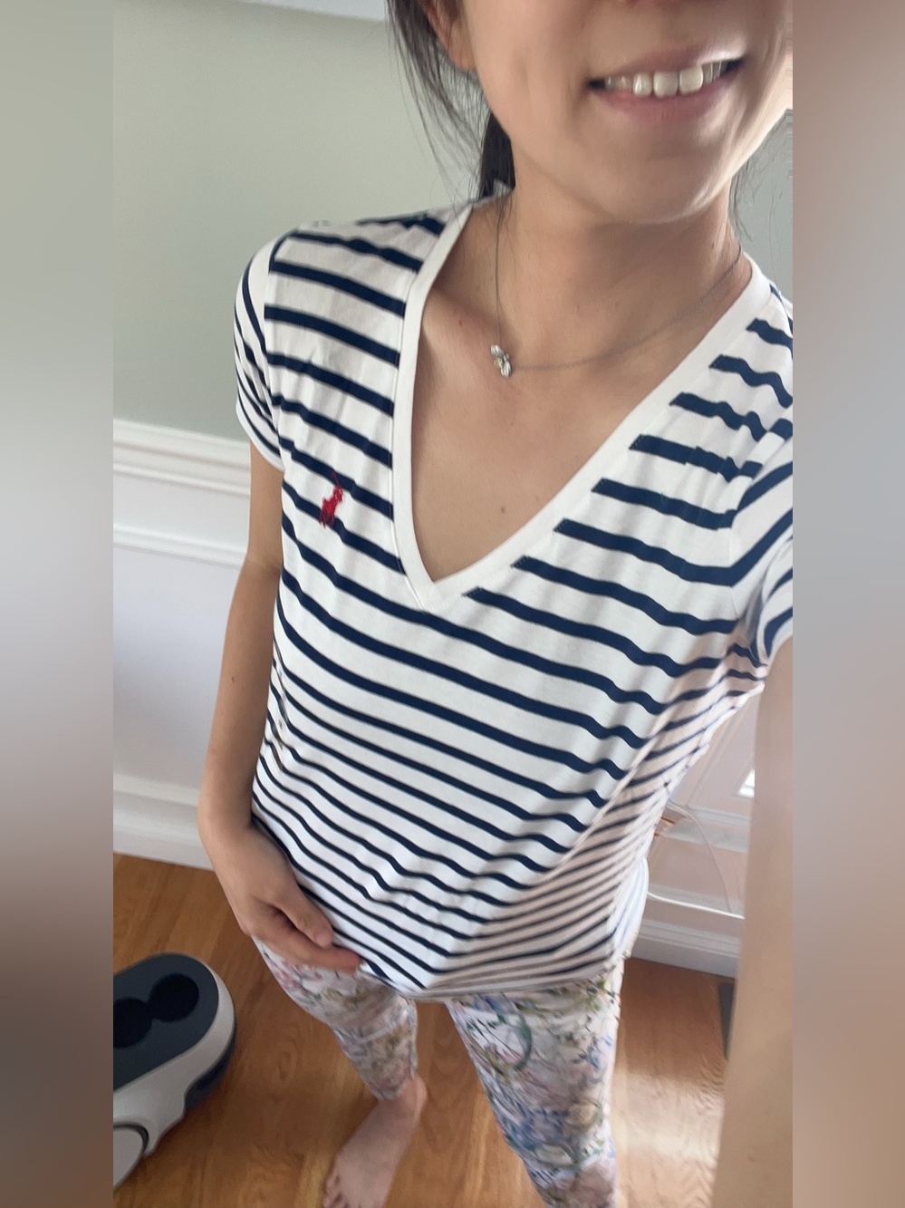 Striped V-Neck Women’s Top with Red Logo - Classic Navy & White
